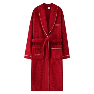 浪莎睡衣女款秋冬季珊瑚绒加绒加厚浴袍大红婚庆本命年中长款睡袍