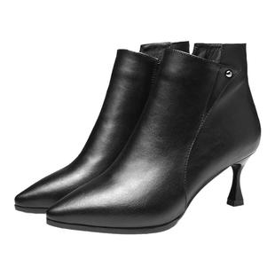 黑色细跟尖头短靴女靴工装鞋女秋冬加绒高跟鞋上班工作鞋裸靴单靴