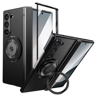 三星fold5中轴铰链全包手机壳新款创意折叠超防摔galaxyzfold6保护壳磁吸旋转支架4黑色商务手机外壳奢华男女