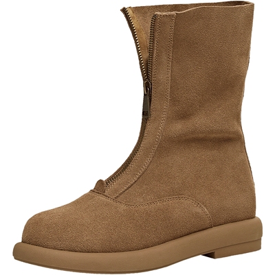 天美意前拉链复古厚底西部靴时装靴女休闲短靴2025冬新款KNZ23DZ5