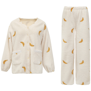 NoirTease冬季加绒加厚睡衣女士V领长袖保暖家居服两件套装可外穿