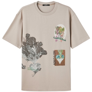 U/TI卡其色插画印花T恤女 莫兰迪风廓形短袖上衣尤缇时尚秋季新款