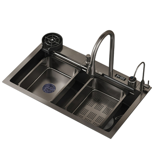 德国黑色数显飞雨水槽大单槽厨房不锈钢加厚水槽洗菜盆洗碗池