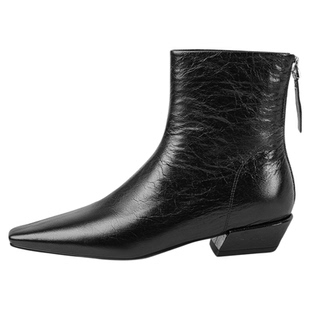 星期六棕色时装靴女2025秋冬方头粗跟后拉链短靴真皮英伦切尔西靴