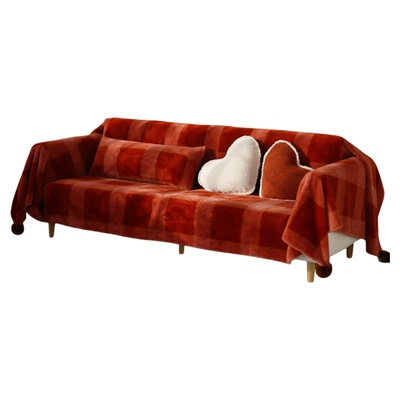 仿兔毛绒喜庆红色格子沙发毯