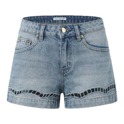 复古洗水蓝牛仔镂空显瘦短裤