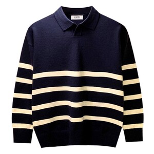 韩版时尚拼色条纹翻领针织衫衣服男上衣冬季休闲简约polo衫男长袖