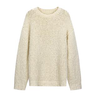 CROWNLESS未冕羊毛花式立体珍珠绒手织感棒针复古圆弧袖廓形毛衣