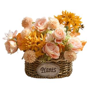 喜莱卡田园风编织花篮假花仿真花摆设客厅花摆件餐桌绿植插花摆件