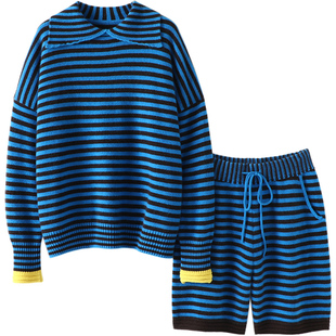 时髦沁入心扉！条纹翻领加厚羊绒衫女纯羊绒毛衣针织短裤羊绒套装