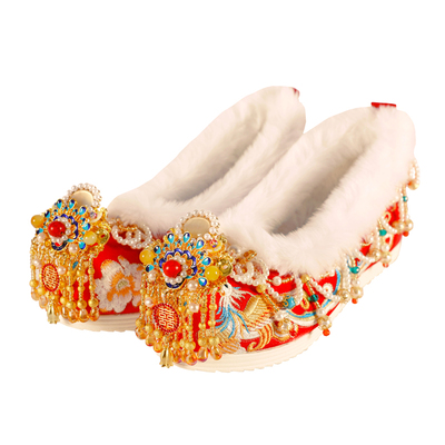 老公我嫁定制高级感红色秀禾新娘婚鞋冬季加绒内增高中式汉服婚鞋