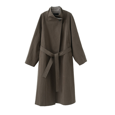 popchrio皱感棉撞色大翻领风衣