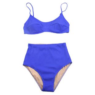 澳洲小胸聚拢海边度假高腰显瘦比基尼纯色分体泳衣女带胸垫bikini