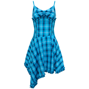 ziziFei夏美式设计感蓝绿色收腰显瘦格纹不规则下摆吊带连衣裙女