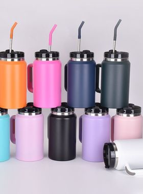 跨境304不锈钢保温杯大容量64oz冷吸管手柄带汽车壶户外杯车载保
