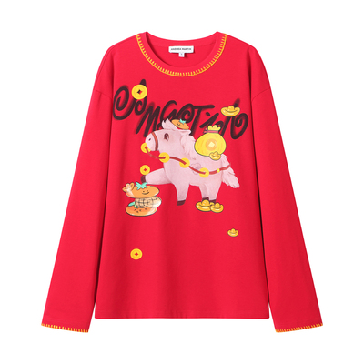 “马年限定款”ANDREA MARTIN2026新款红色T恤女圆领宽松上衣春