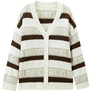 【商场同款】乐町V领字母提花条纹开衫25春季新款毛衣C2EDF1127*