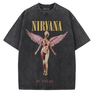 Nirvana乐队摇滚涅槃Cobain柯本直喷做旧水洗复古蜡染宽松T恤