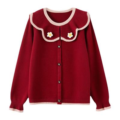 采多宝大码女装撞色娃娃领立体小花毛衣胖妹妹厚款梨型红色上衣