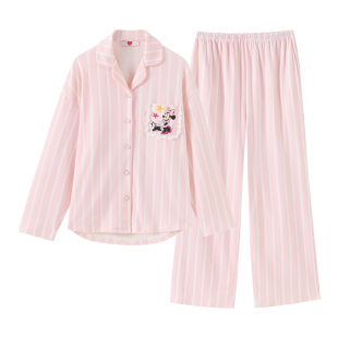 Disney/迪士尼米妮印花睡衣女款德绒秋冬季新款粉色条纹睡衣套装