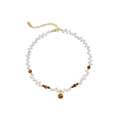 安铂洛利虎眼石吊坠珍珠项链女