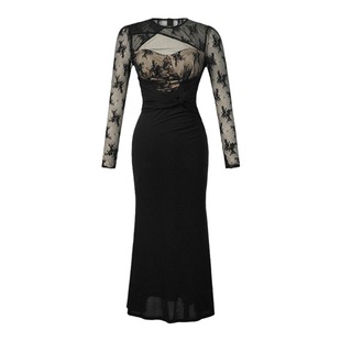 精致蕾丝拼接黑色长款鱼尾连衣裙新款气质绝美超好看修身包臀长裙