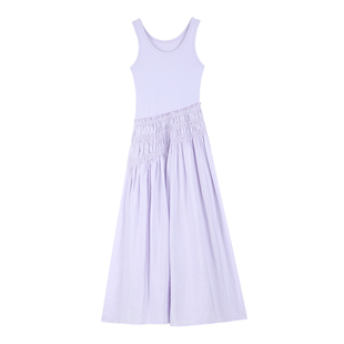 pusumede 极光淡紫|斜裁拼接白色针织连衣裙女气质无袖背心裙长裙