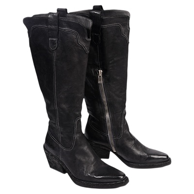 复古水洗马皮过膝长筒靴