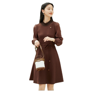 乔妮塔品牌女装2025春秋季新款长袖系带修身显瘦中长裙针织连衣裙