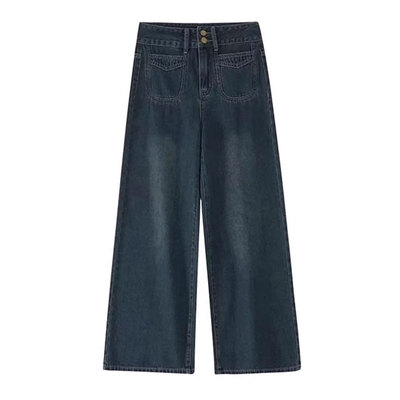 美式复古蓝阔腿牛仔裤女春秋大码胖mm高腰显瘦宽松直筒拖地长裤子