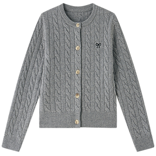 Halo Luu 灰色麻花毛衣开衫外套女春季上衣高级感圆领羊毛针织衫