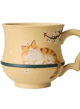 小谦山房泥绘猫趣紫砂杯本山绿泥