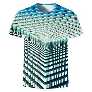 夏季热销几何眩晕图案3D数码印花短袖 男士宽松休闲个性T恤衫时尚