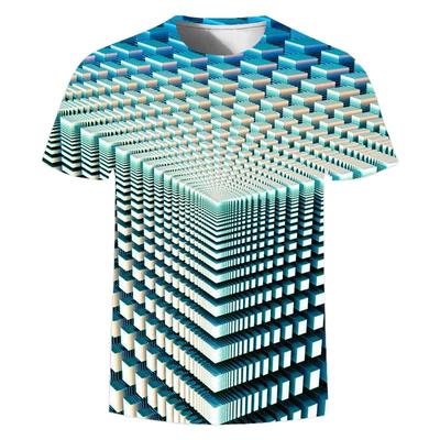 夏季热销几何眩晕图案3D数码印花短袖 男士宽松休闲个性T恤衫时尚