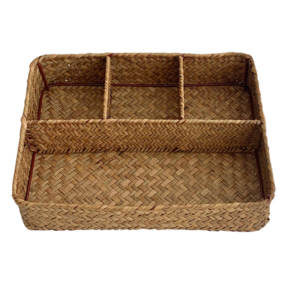 日式草编桌面分格整理收纳盒