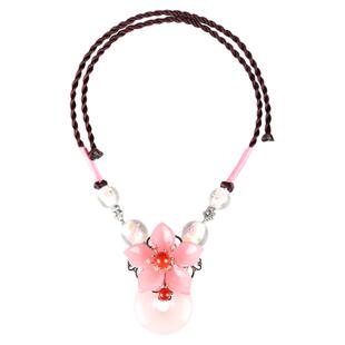 古风中式短款项链花朵吊坠搭配旗袍挂件女粉红色琉璃锁骨链设计款