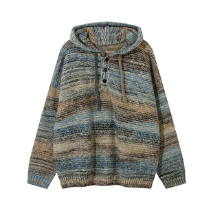 GoodNorth日系复古撞色渐变连帽毛衣男女款秋冬宽松针织卫衣帽衫