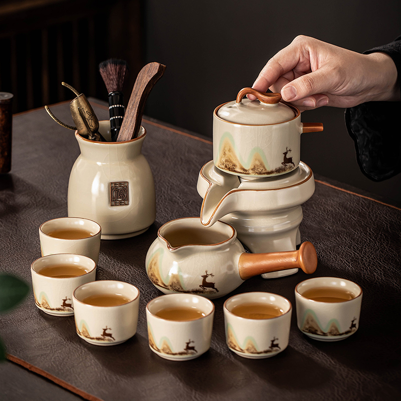 2025新款汝窑自动茶具套装家用高档功夫茶杯懒人石磨茶壶泡茶神器