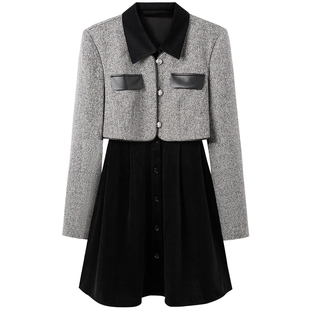 太平鸟女装冬季立体拼接复古假两件小香连衣裙A1FAE4149