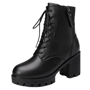 全牛皮马丁靴女鞋冬季加绒加厚短靴高跟真皮羊毛靴子大码棉鞋皮鞋