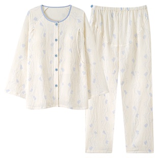 都市丽人纯棉双层纱布带胸垫月子服春秋产后产妇哺乳睡衣孕妇套装