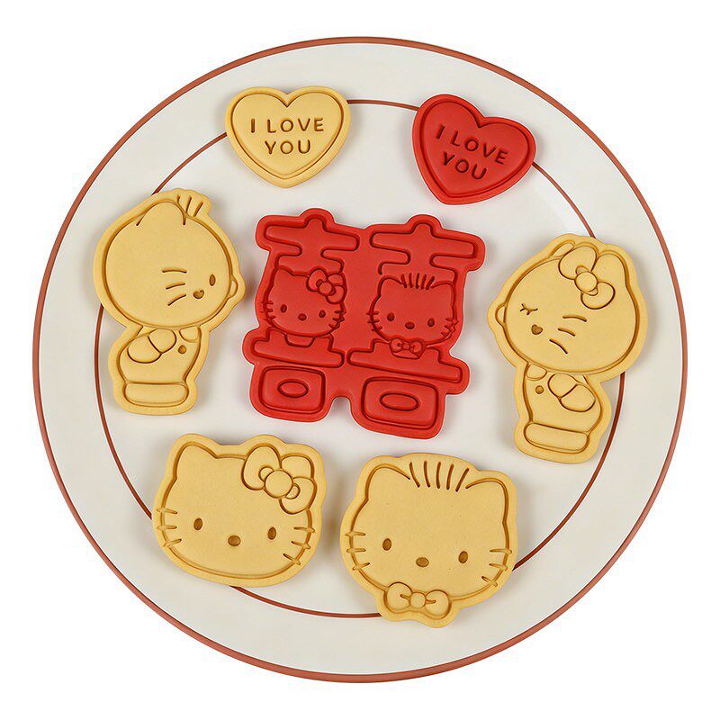 卡通喜庆饼干模具按压式HelloKitty爱心糖霜曲奇印花咖啡香牌印模