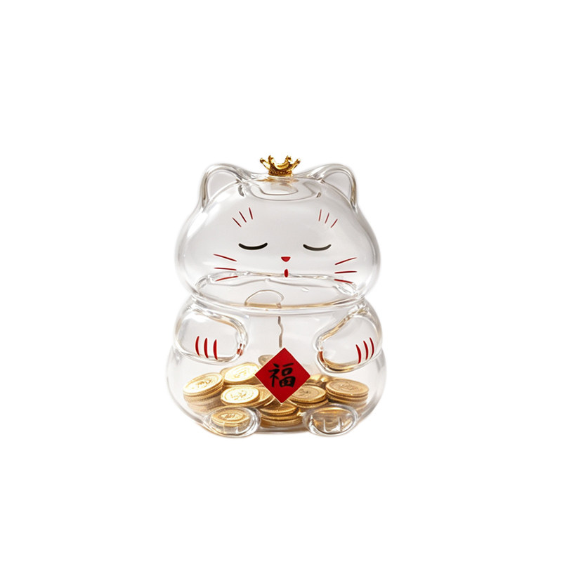 透明招财福气猫玻璃儿童存钱罐储蓄罐家居装饰品桌面摆件创意礼物