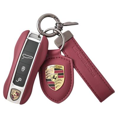 适用保时捷钥匙壳真皮波尔多红新老款718卡宴Macan帕拉梅拉911高