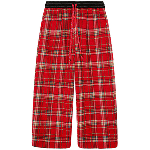 落落狷介裤子女冬季加绒小个子红色格子阔腿裤2025年新款保暖长裤