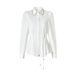 MOISSAC摩萨克棉法式精致时髦泡泡袖收腰钉珠白衬衫上衣女