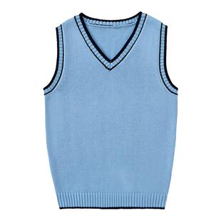 儿童马甲女童毛衣2024春秋浅蓝色纯棉坎肩学院风马夹男童针织背心
