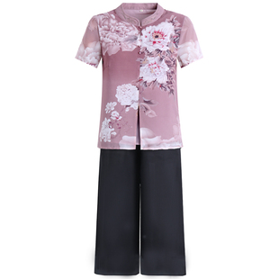 桑蚕丝时尚妈妈夏装短袖t恤新款中国风套装香云纱真丝旗袍上衣女