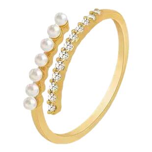 AU750纯18K黄金镶嵌美国进口D色莫桑石天然淡水珍珠开口戒指轻奢