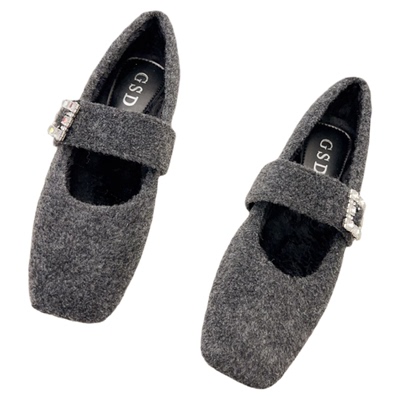 法式毛呢灰色平底加绒毛毛鞋女